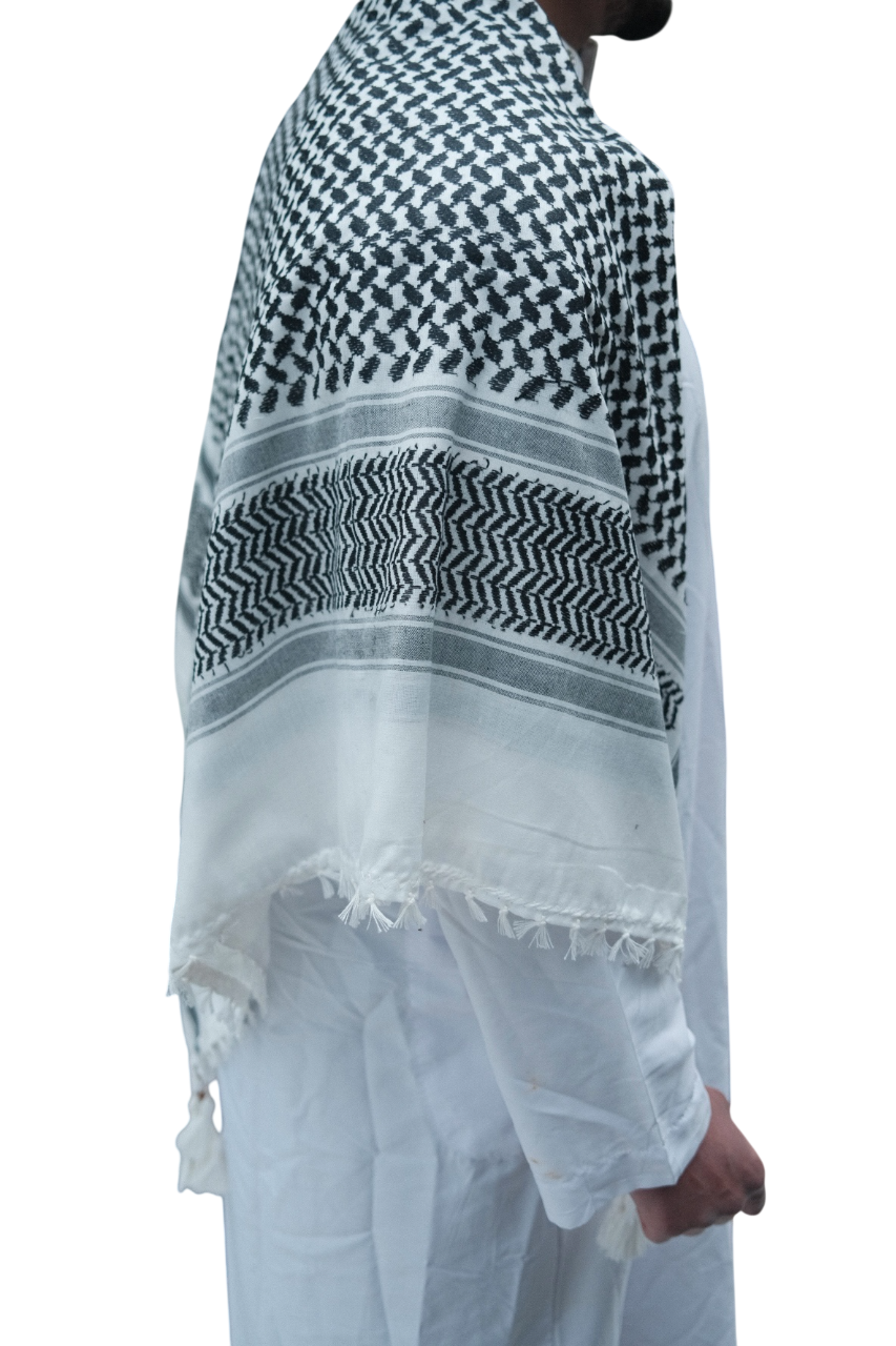 Kufiya/Keffiyeh Noir-Blanc 127x127 cm avec des Franges Blanches