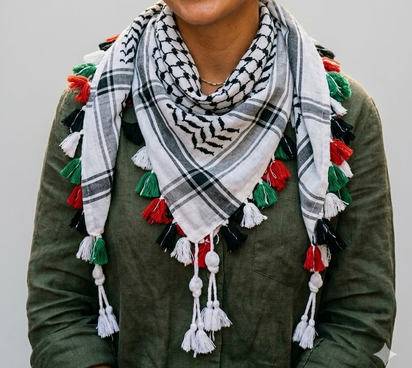 Kufiya/Keffiyeh mit bunten Fransen 100% Baumwolle
