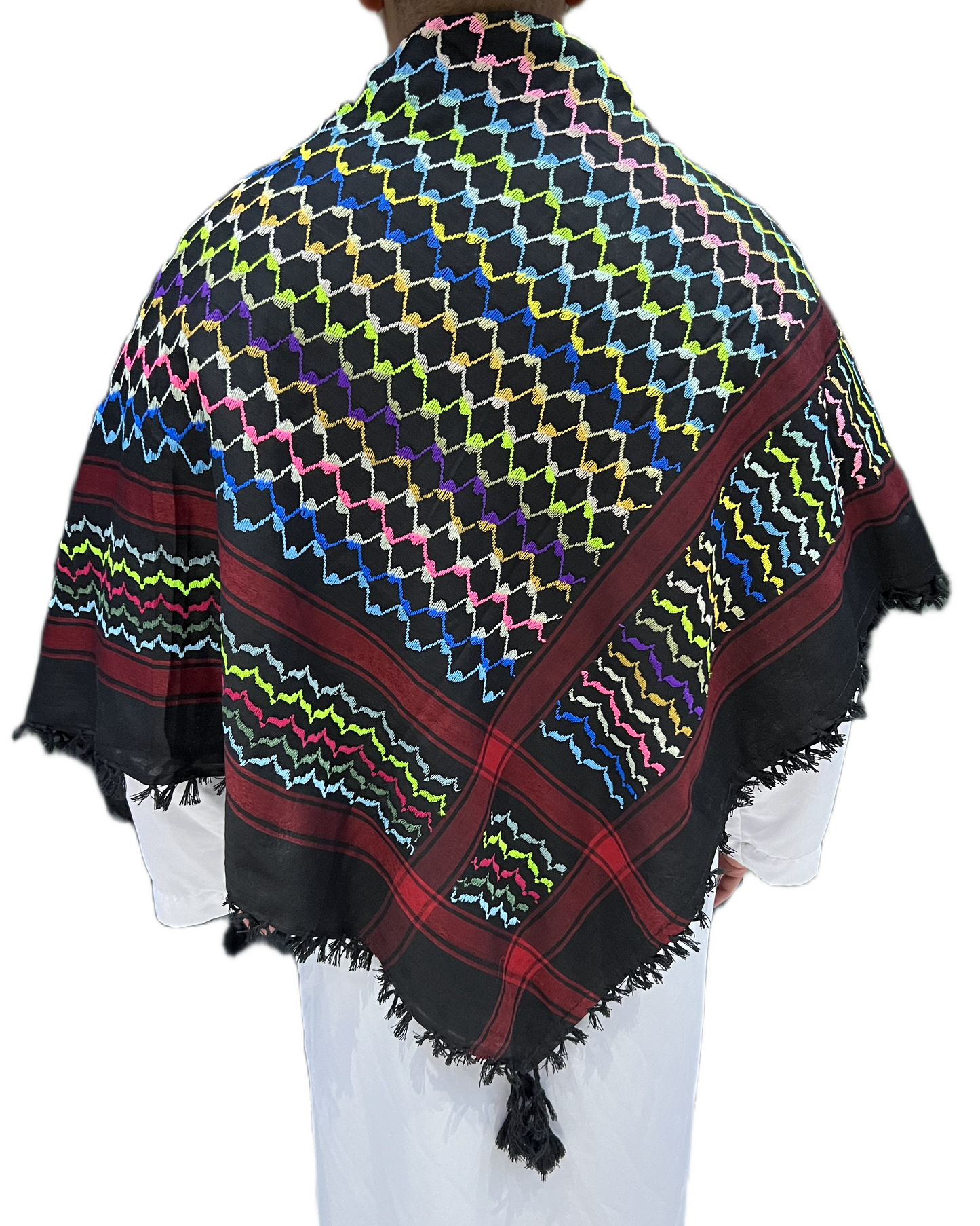 Kufiya/Keffiyeh Sort Regnbue Røde Detaljer 100% Bomuld