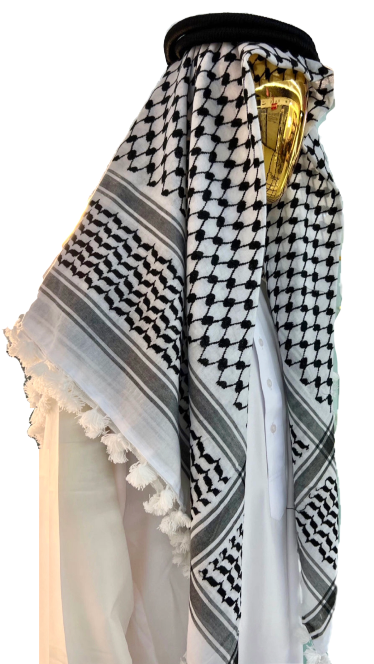 Kufiya/Keffiyeh Preto-Branco 127x127 cm com Barbatanas Brancas
