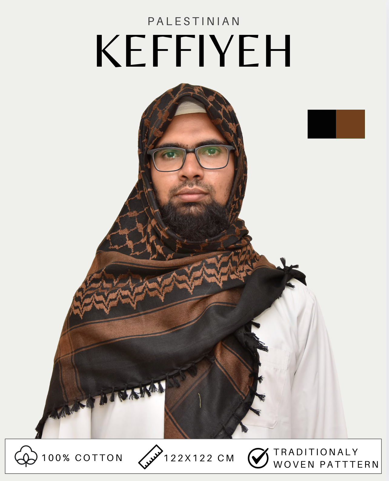 Kufiya/Keffiyeh Svart/Brun 100% Bomull
