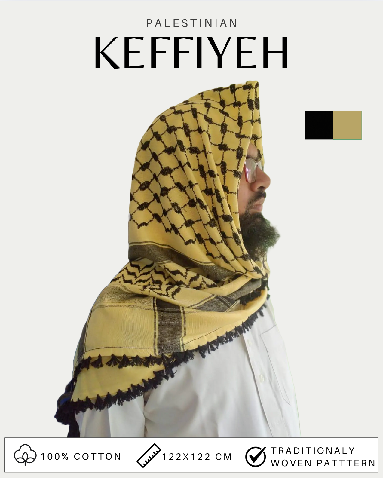Kufiya/Keffiyeh Geel 100% Katoen