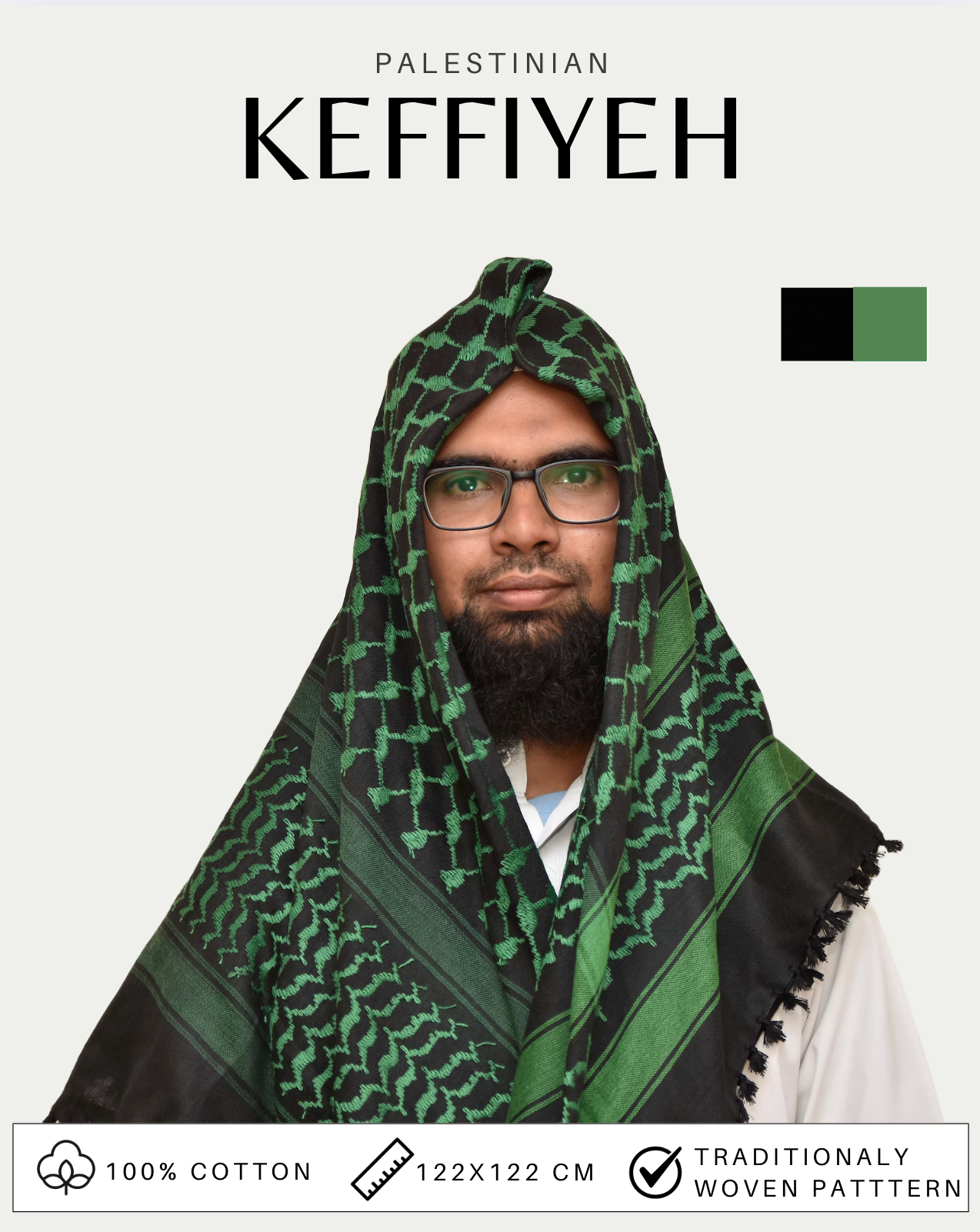 Kufiya/Keffiyeh Black/Green 100% Cotton