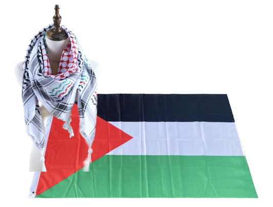Kufiya/Keffiyeh met Palestina Kleuren 127x127 cm + Palestina Vlag 90x150 cm Combi Deal