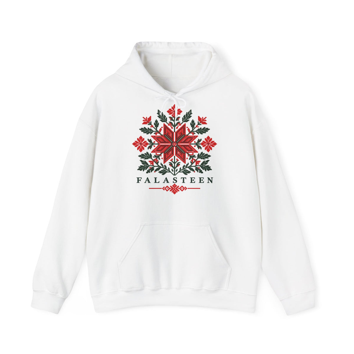Tatreez Bloom Hoodie in Weiß, Vorderseite mit Aufdruck