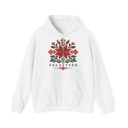 Tatreez Bloom Hoodie in Weiß, Vorderseite mit Aufdruck