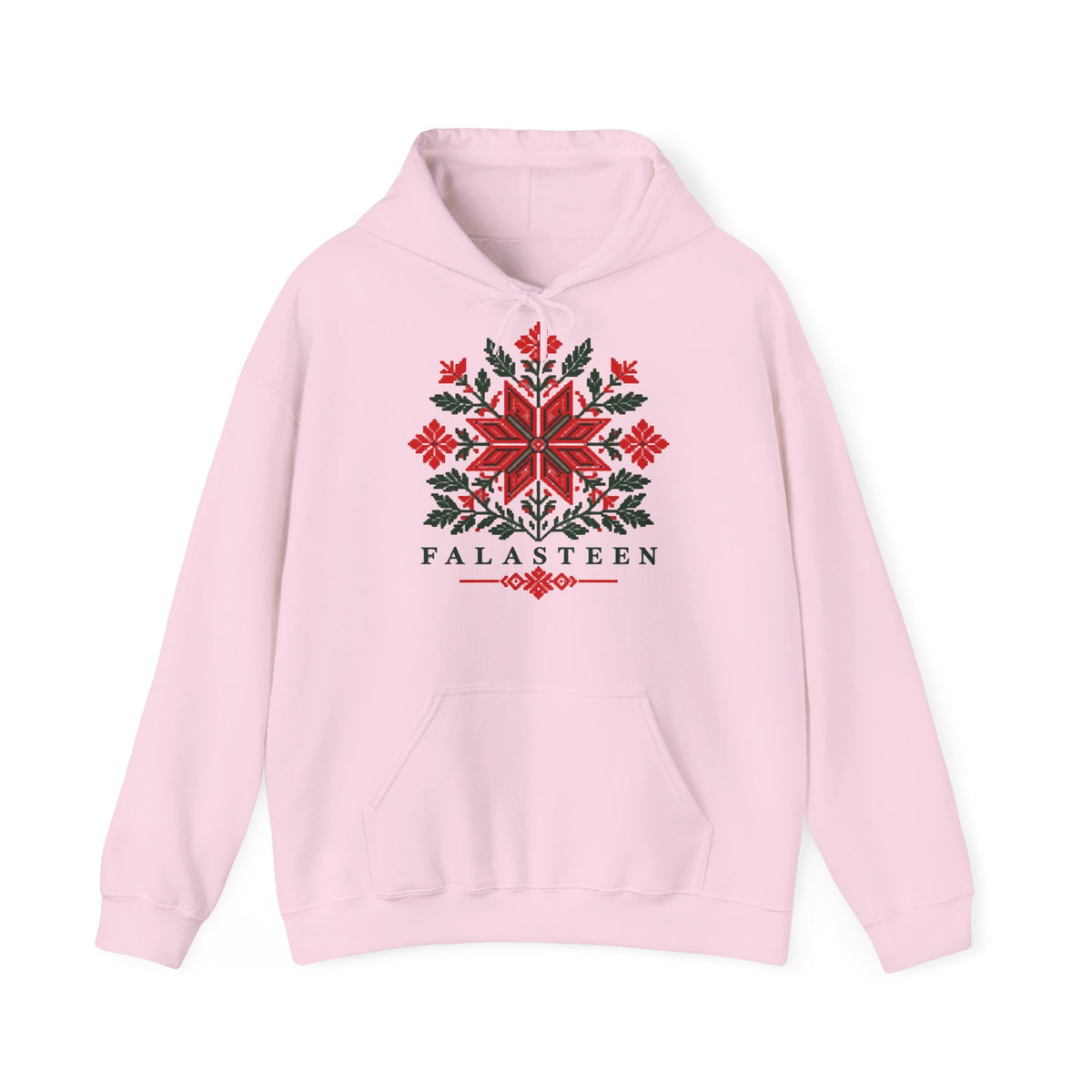 Tatreez Bloom Hoodie in Hellrosa, Vorderseite mit Print