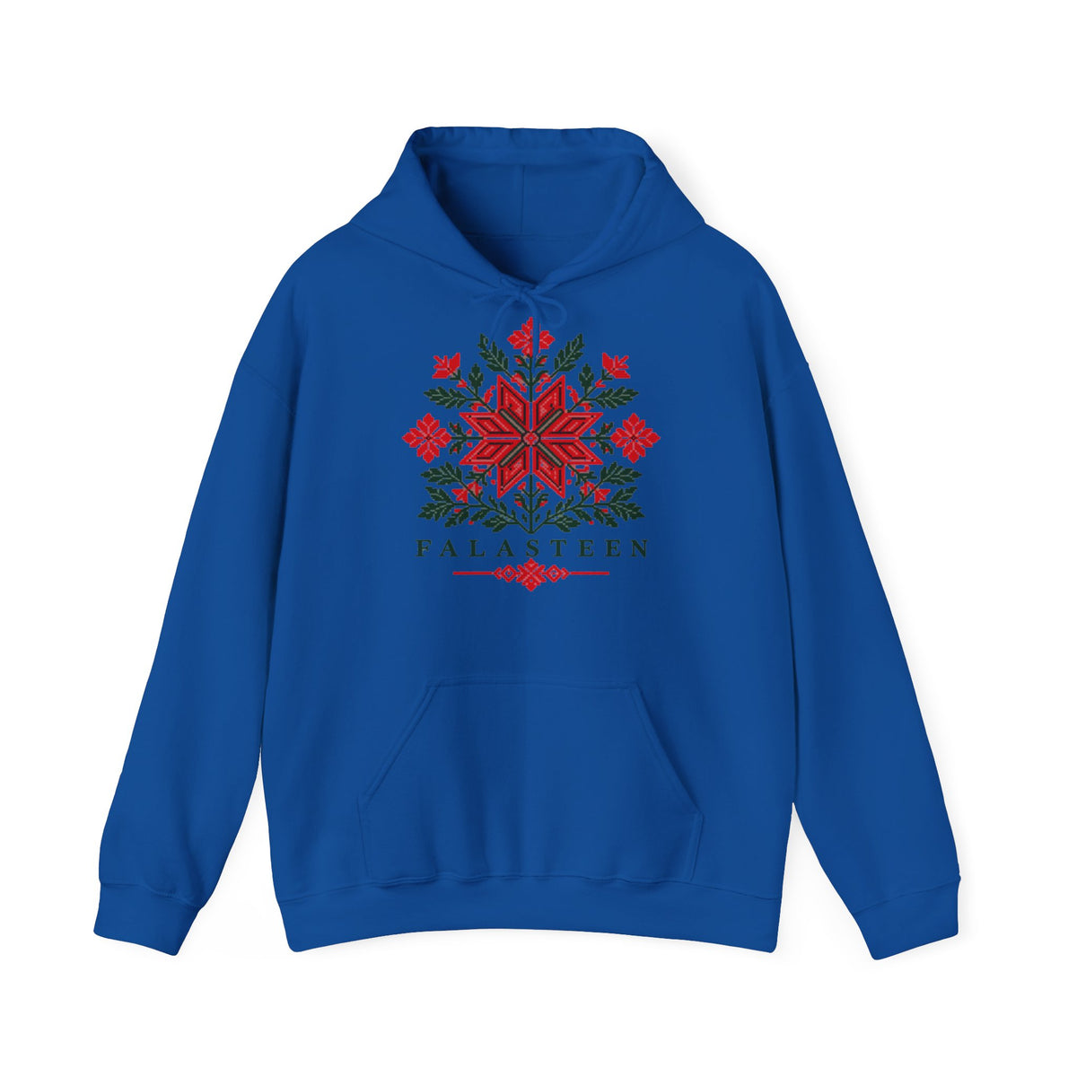 Tatreez Bloom Hoodie in Königsblau, Vorderseite mit Print