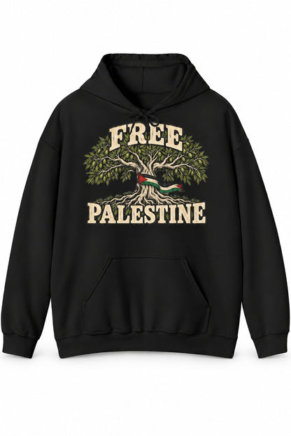 Black Free Palestine olive tree hoodie with an olive tree print on the front