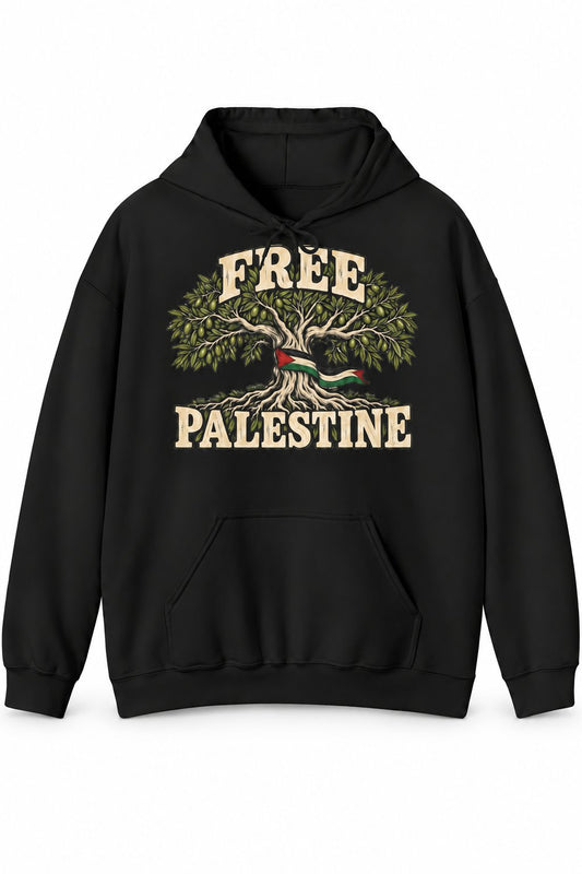 Free Palestine Olive Tree Hoodie in zwart, voorkant met olijfboomprint
