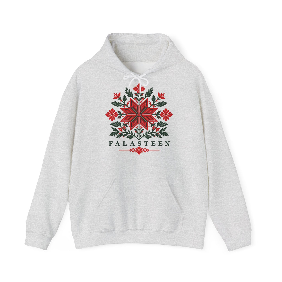 Tatreez Bloom Hoodie in Ash, Vorderseite mit Aufdruck