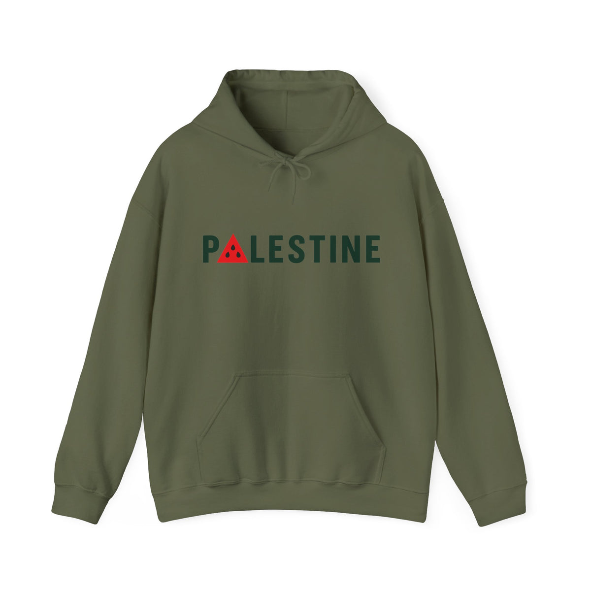 Palestine Watermelon Hoodie in Military Green, voorkant met print