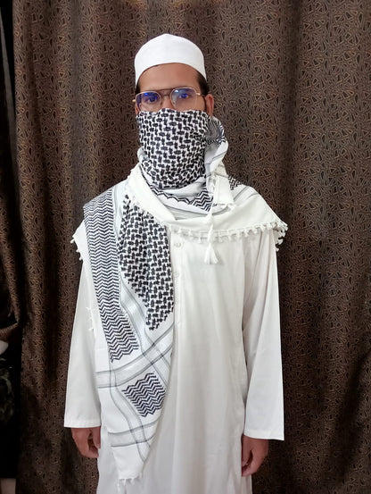 Kufiya/Keffiyeh Zwart/Wit 100% Premium Katoen Witte Details