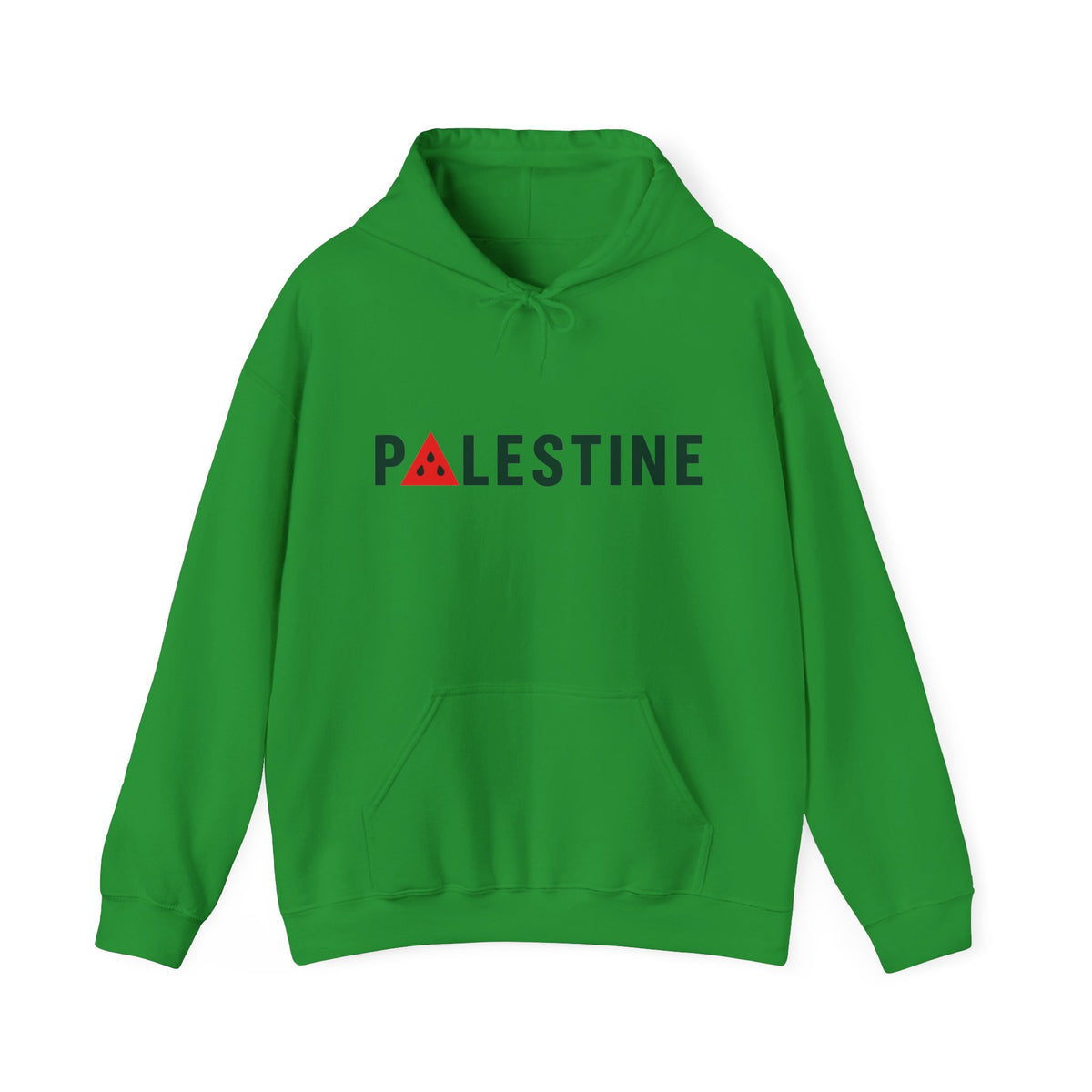 Palestine Watermelon Hoodie in Irish Green, voorkant met print