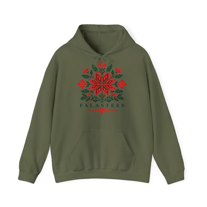 Tatreez Bloom Hoodie in Militärgrün, Vorderseite mit Print