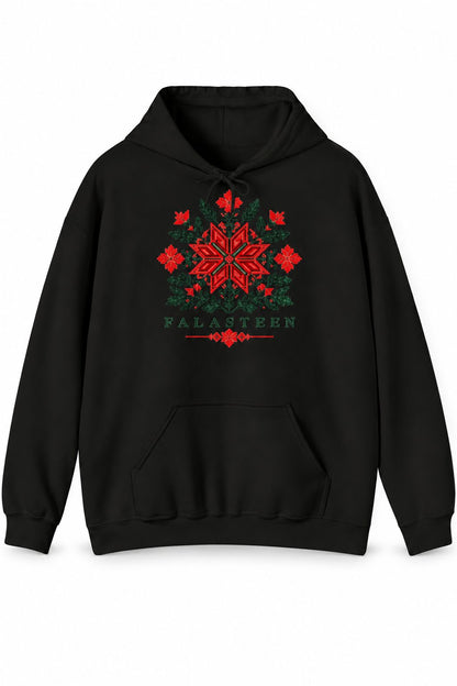 Tatreez Bloom Hoodie in Schwarz, Vorderseite mit Druck
