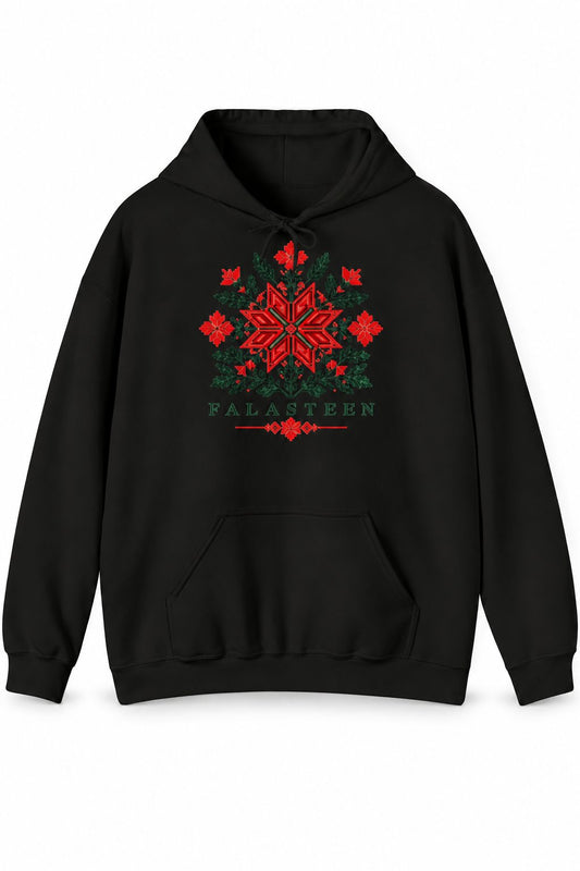 Tatreez Bloom Hoodie in zwart, voorkant met print