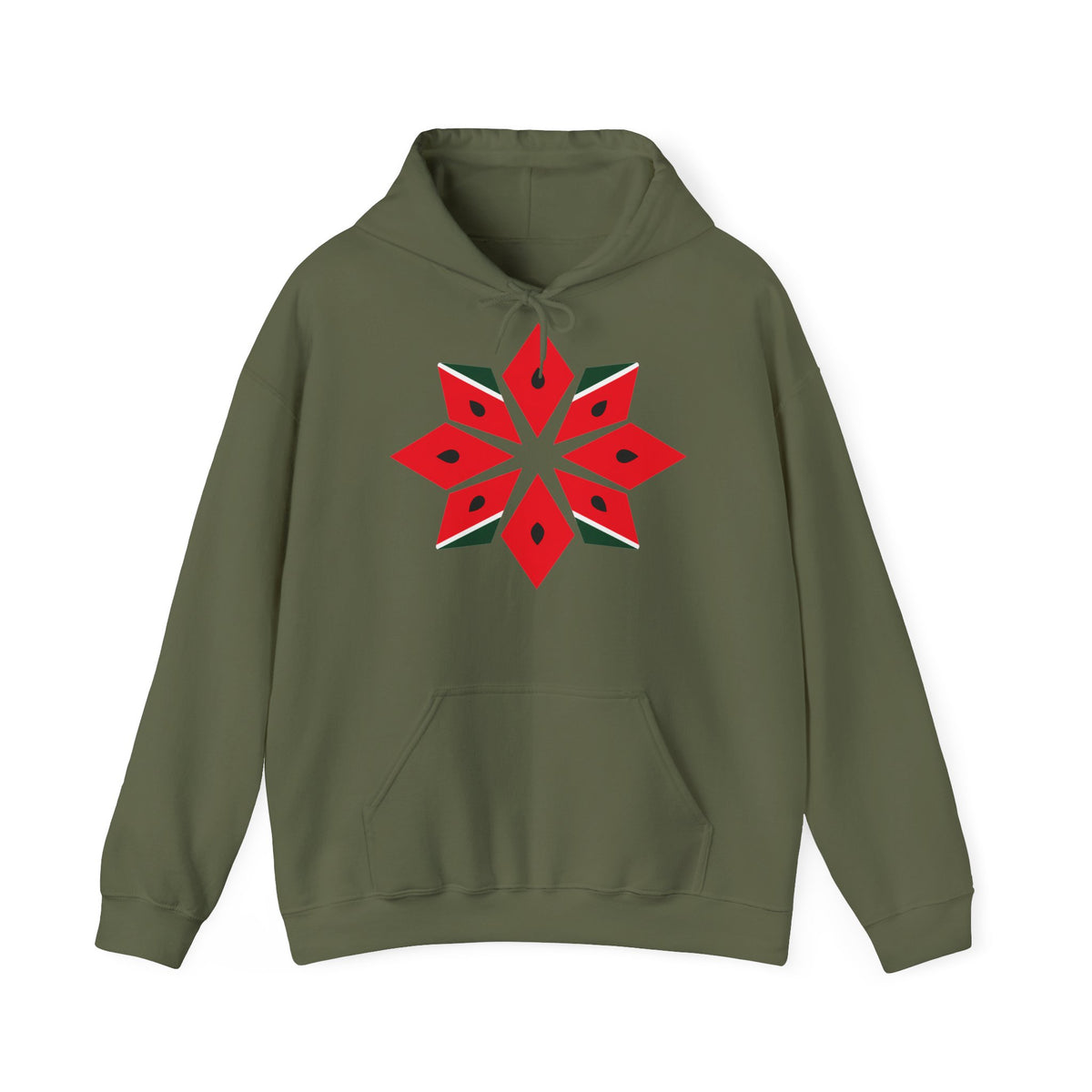 Melon Tatreez Hoodie in Militärgrün, Vorderseite mit Aufdruck