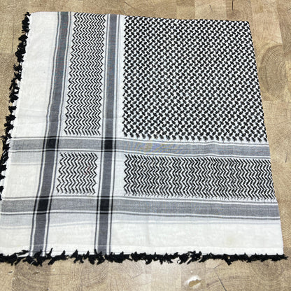 Kufiya/Keffiyeh Preto/Branco Premium com Franjas Pretas 100% Algodão