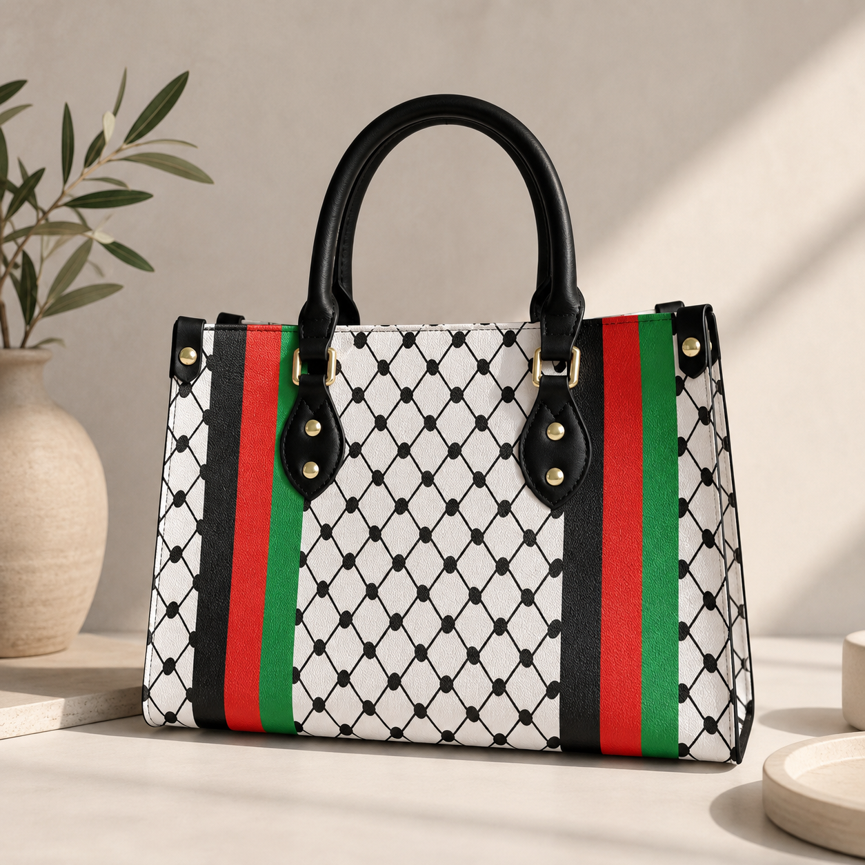 Keffiyeh Handbag – Black/White with Palestinian Colors