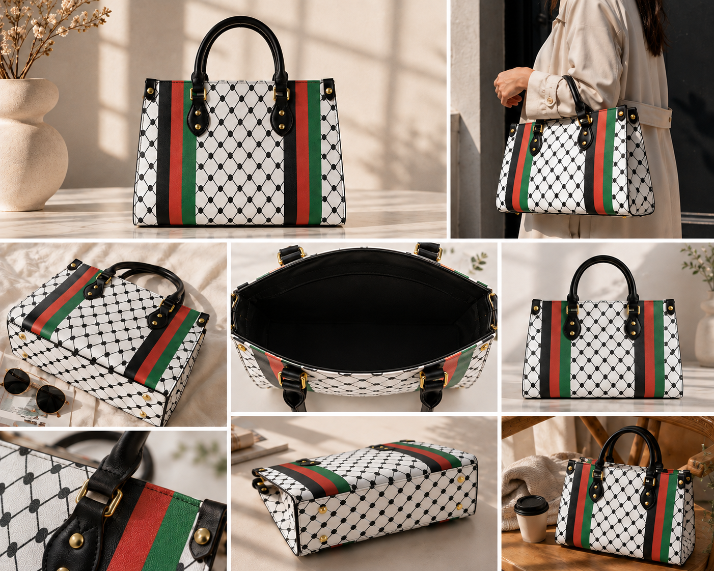 Keffiyeh Handbag – Black/White with Palestinian Colors