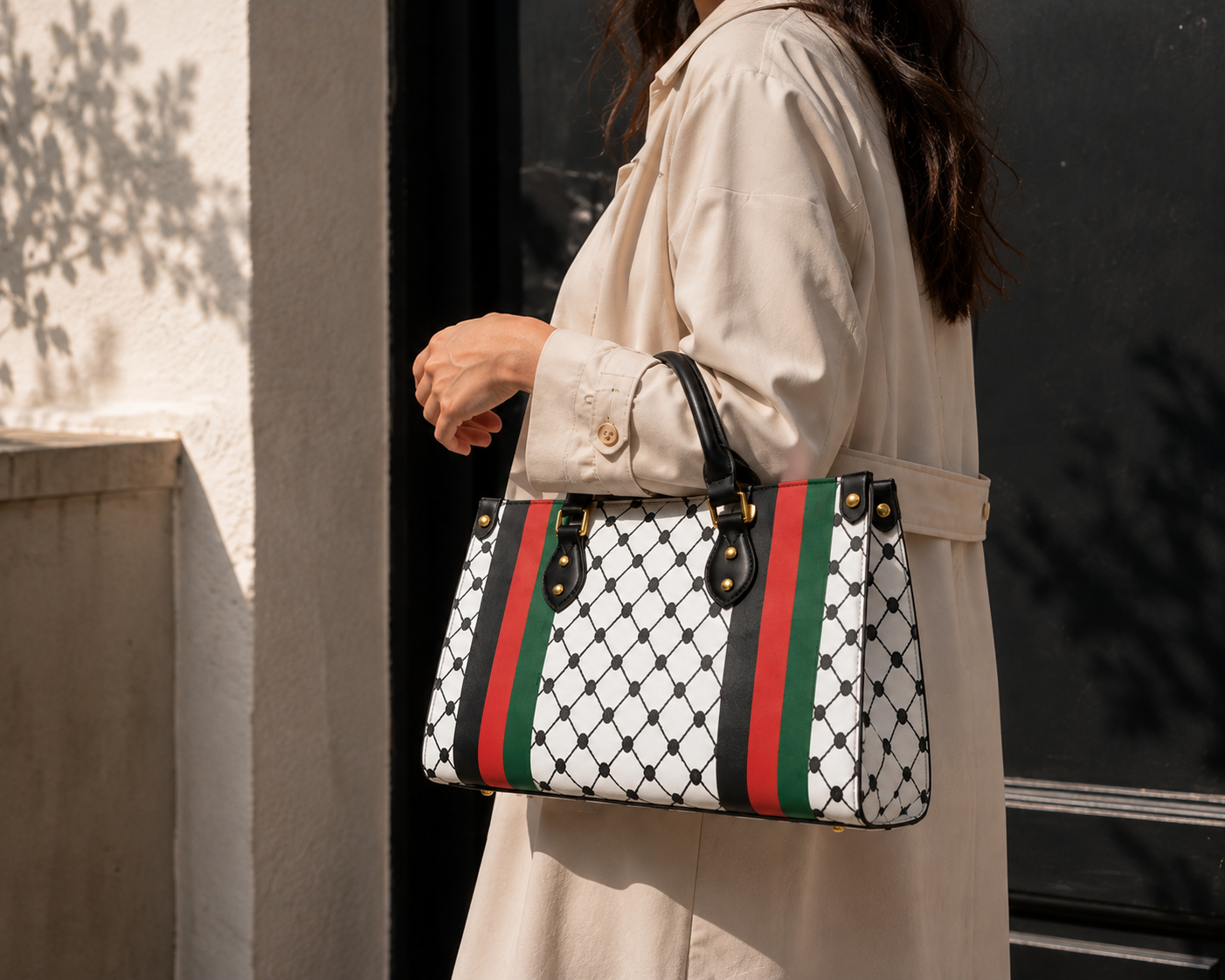 Keffiyeh Handbag – Black/White with Palestinian Colors