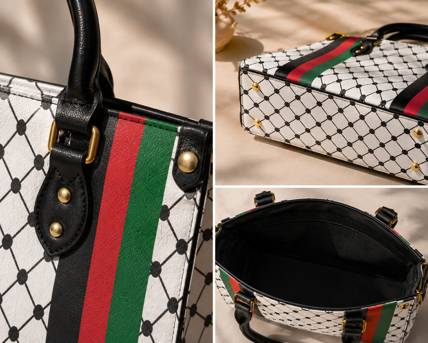 Keffiyeh Handbag – Black/White with Palestinian Colors
