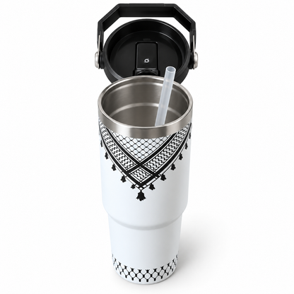Keffiyeh-mönstrad termosflaska med handtag – 887 ml