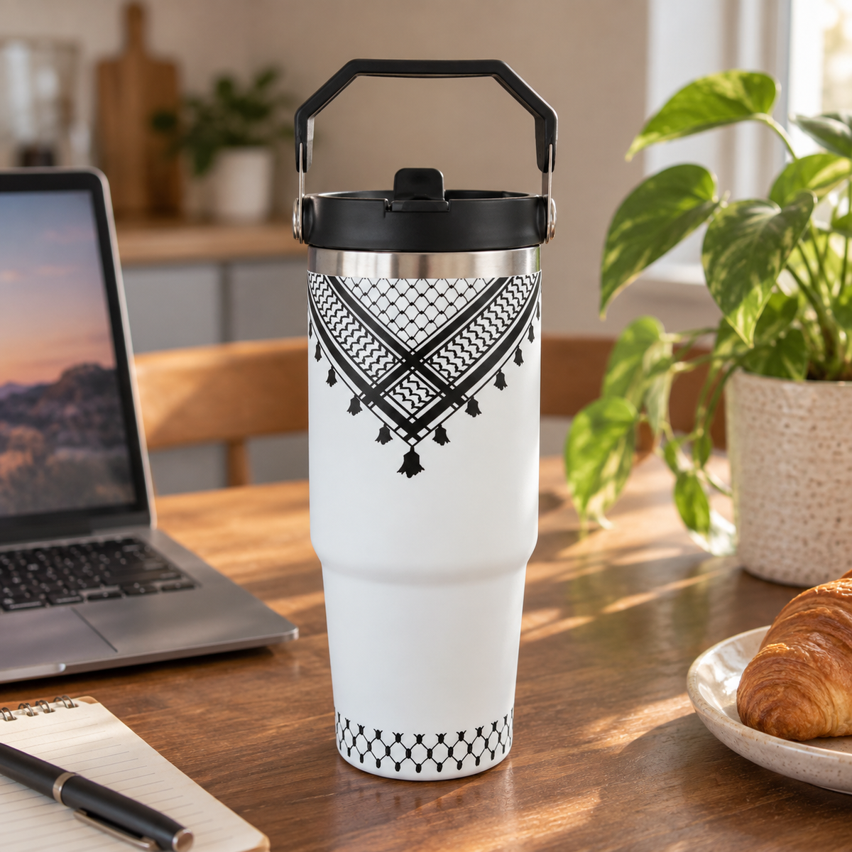 Keffiyeh-mönstrad termosflaska med handtag – 887 ml