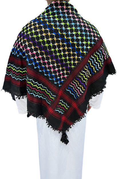 Kufiya/Keffiyeh Sort Regnbue Røde Detaljer 100% Bomuld