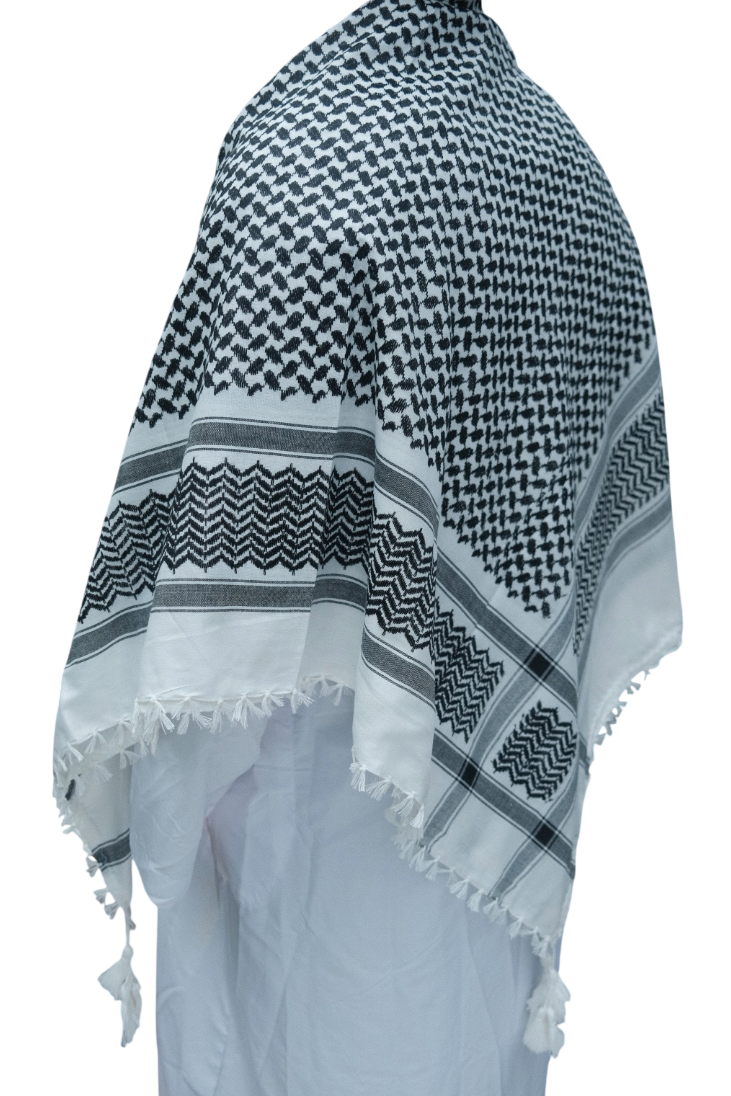 Kufiya/Keffiyeh Noir-Blanc 127x127 cm avec des Franges Blanches