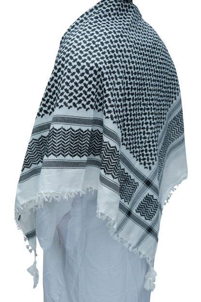 Kufiya/Keffiyeh Noir-Blanc 127x127 cm avec des Franges Blanches