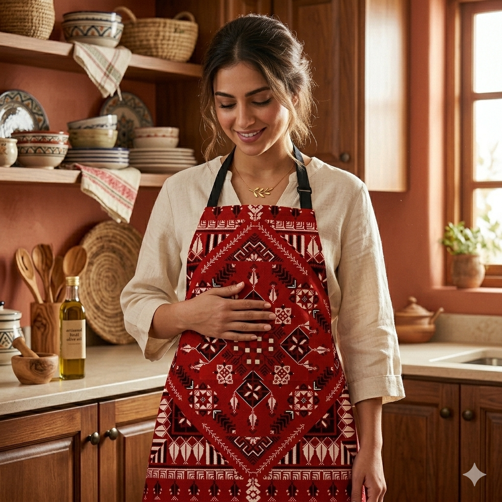 Red Apron with Tatreez Pattern