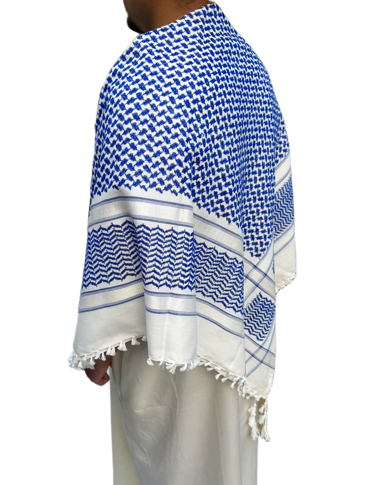 Kufiya/Keffiyeh Blå Hvid 100% Premium Bomuld Hvide Detaljer