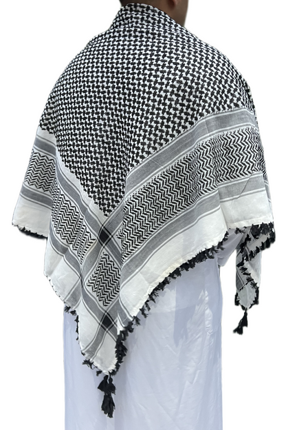 Kufiya/Keffiyeh Preto/Branco Premium com Franjas Pretas 100% Algodão
