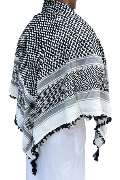 Kufiya/Keffiyeh Preto/Branco Premium com Franjas Pretas 100% Algodão
