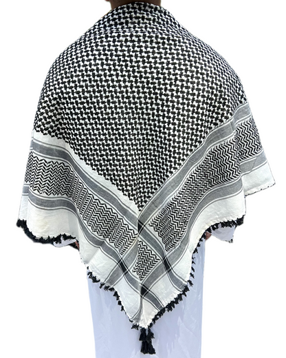 Kufiya/Keffiyeh Preto/Branco Premium com Franjas Pretas 100% Algodão