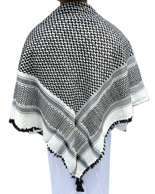 Kufiya/Keffiyeh Preto/Branco Premium com Franjas Pretas 100% Algodão