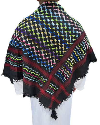Kufiya/Keffiyeh Preto Arco-íris Vermelho Detalhes 100% Algodão
