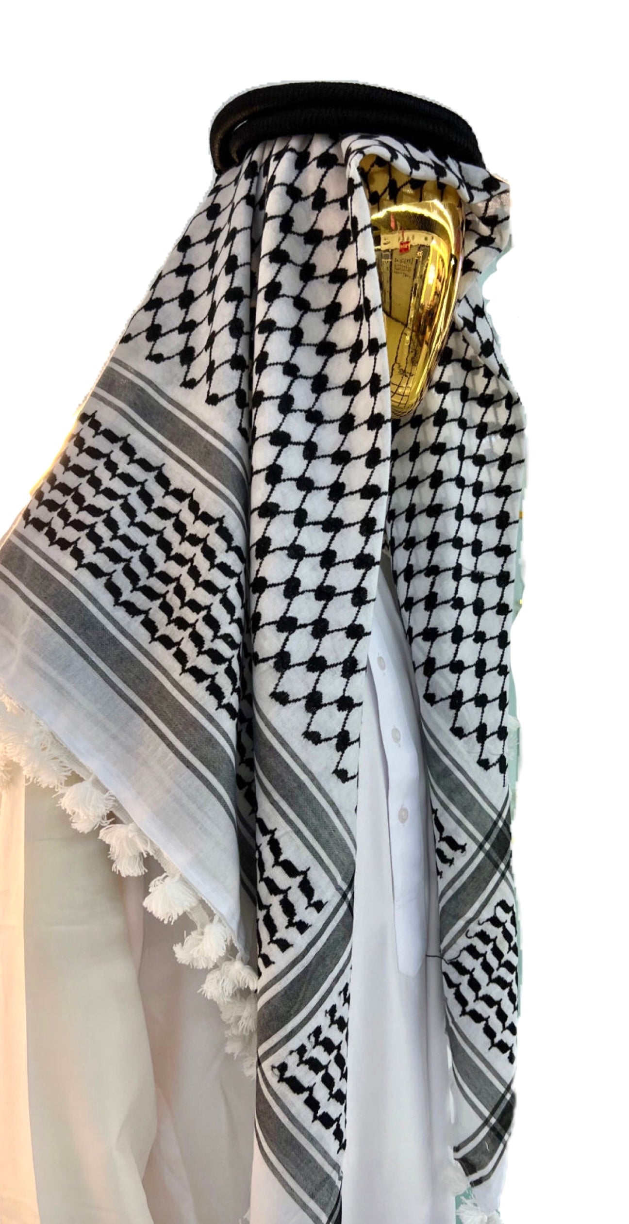 Kufiya/Keffiyeh mit weißer Flosse Schwarz-Weiß 127x127 cm + Palästina-Flagge 90x150 cm Kombiangebot