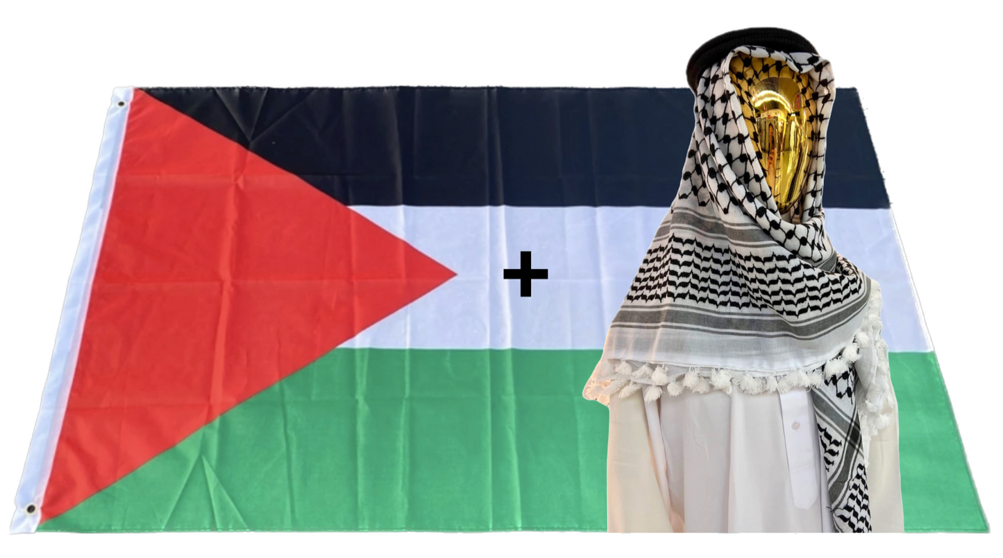 Kufiya/Keffiyeh mit weißer Flosse Schwarz-Weiß 127x127 cm + Palästina-Flagge 90x150 cm Kombiangebot