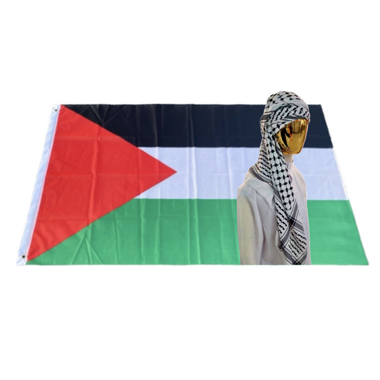 Kufiya/Keffiyeh with Soft Fabric Black-White 127x127 cm + Palestine flag 90x150 cm Combi Deal 
