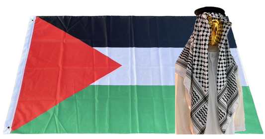 Kufiya/Keffiyeh Schwarz-Weiß 127x127 cm + Palästina-Flagge 90x150 cm Kombiangebot