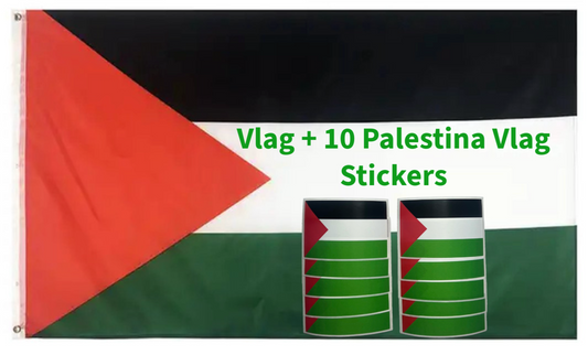 Palästina-Flagge 90 x 150 cm + Palästina-Flaggenaufkleber 5 x 8 cm (10 Stück) im Kombi-Angebot