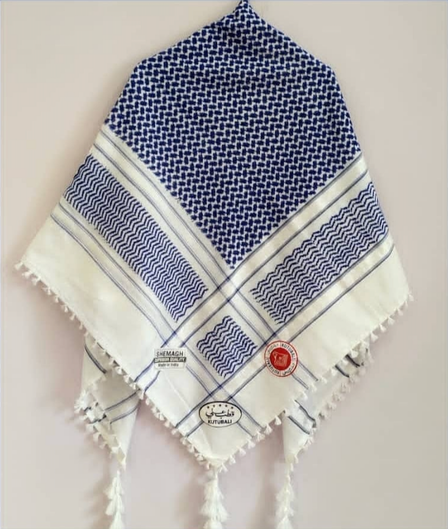 Kufiya/Keffiyeh Blauw Wit 100% Premium Katoen Witte Details