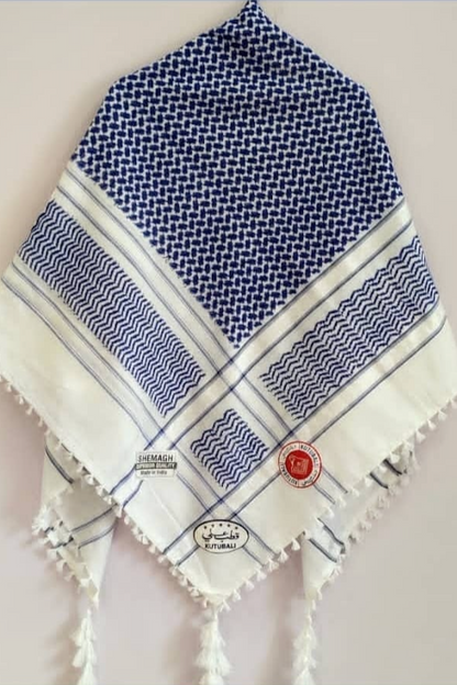 Kufiya/Keffiyeh Blå Hvid 100% Premium Bomuld Hvide Detaljer