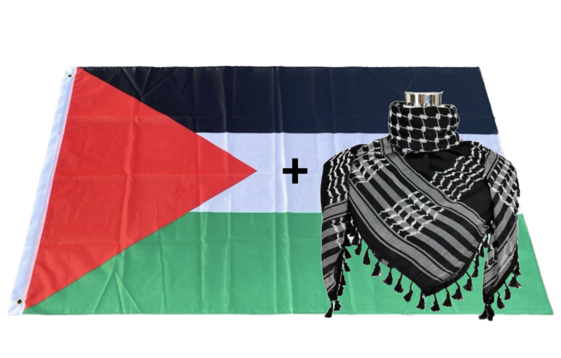 Kufiya/Keffiyeh Black with Floss 127x127 cm + Palestine Flag 90x150 cm Combi Deal