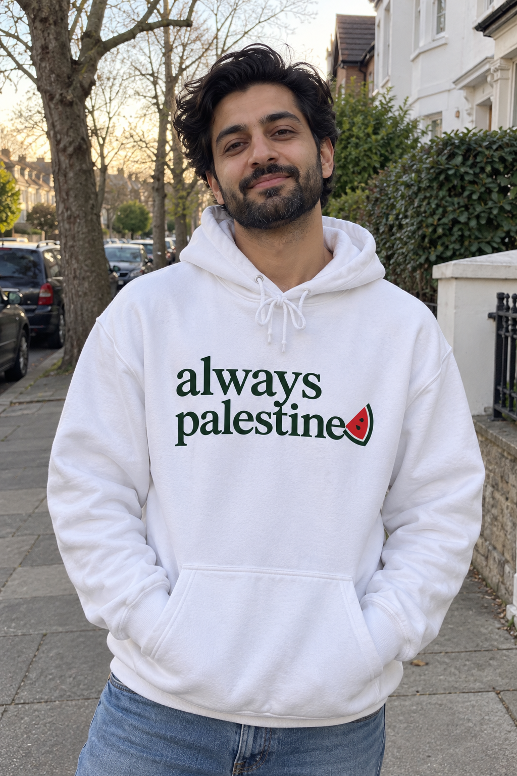 Visuel d’ambiance généré par IA du sweat à capuche Always Palestine blanc