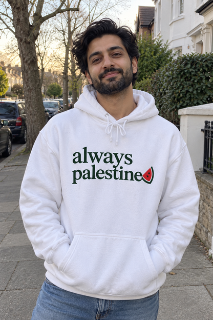 Visuel d’ambiance généré par IA du sweat à capuche Always Palestine blanc