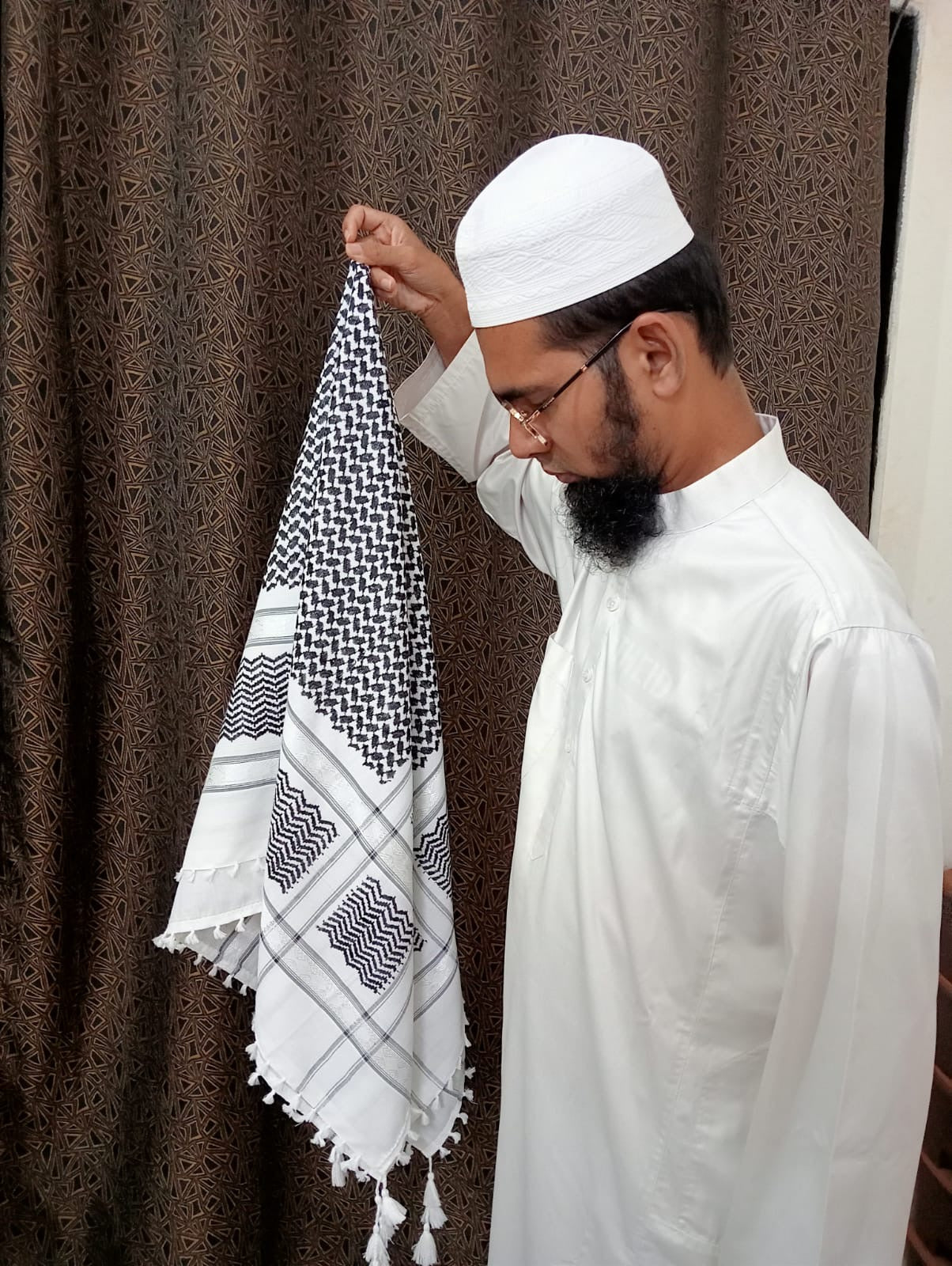 Kufiya/Keffiyeh Zwart/Wit 100% Premium Katoen Witte Details